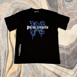 Palm Angels Blue Grafitti PA New York Logo Black T-Shirt Size Large